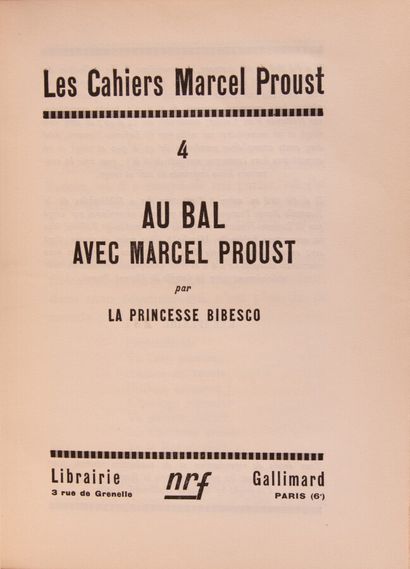 null BIBESCO (Princess Marthe). Au bal avec Marcel Proust. 

Paris, Gallimard, 1928....