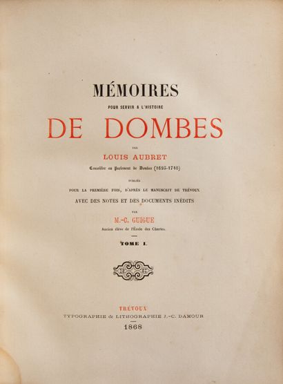  Ain - AUBRET (Louis). Memoirs to serve the history of Dombes. Trévoux, J.-C. Damour,...