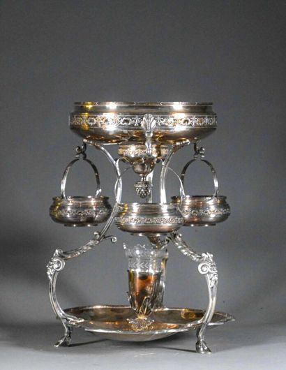 null Central table top (or "epergne") in silver plated metal, with two large bowls...