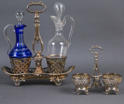 null Set of an oil and vinegar cruet and a double salt cellar, with openwork wickerwork...