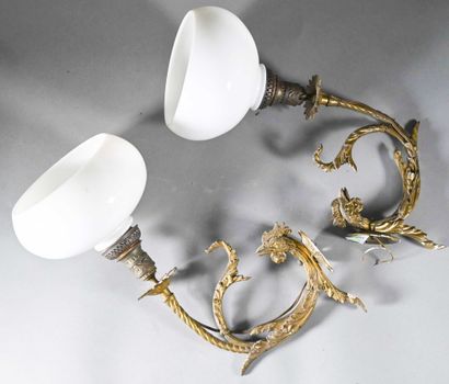 null A pair of gilt brass sconces with rooster heads and foliage

H. 30 cm - L. 20...