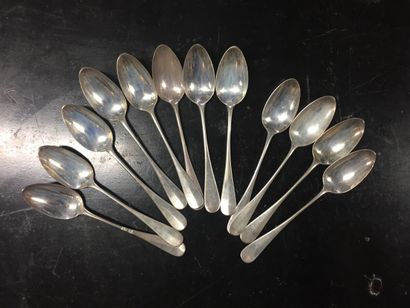 null Set of twelve silver coffee spoons, monogrammed IC

Minerva hallmark

Total...