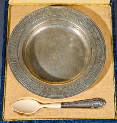 null Baptismal cutlery composed of a metal plate and a small spoon, the handle in...