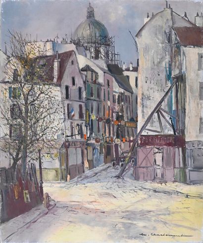  Marcel CHARBONNEL (1901-1981) 
Rue Pavoisée derrière Saint-Paul, Paris, 1958 
Huile...