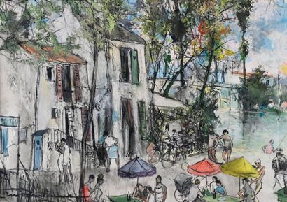  Marcel CHARBONNEL (1901-1981) 
Late afternoon at the guinguette 
Oil on paper, pasted...