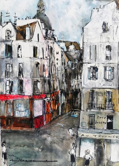  Marcel CHARBONNEL (1901-1981) 
Rue au Marais [Paris] 
Huile sur papier, collée sur...
