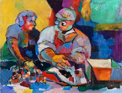  Émile LAFAMÉ (Émile BOGAERT, known as) (1934-2017) 
The merchant, 1973 
Oil on canvas,...