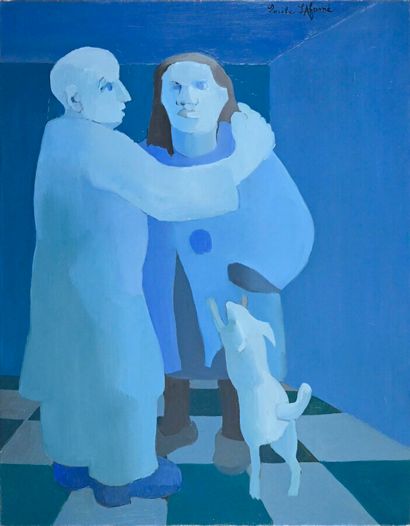  Émile LAFAMÉ (Émile BOGAERT, known as) (1934-2017) 
The auction, 1973 
Oil on canvas,...