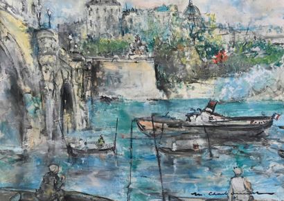  Marcel CHARBONNEL (1901-1981) 
The Seine at Vert-Galant 
Oil on paper, pasted on...