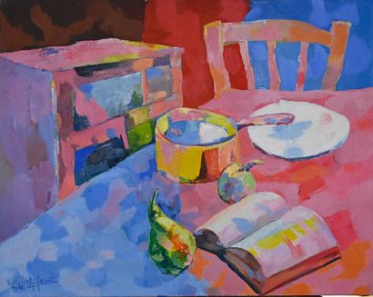null Émile LAFAMÉ (Émile BOGAERT, known as) (1934-2017)

The table, 1985

Oil on...
