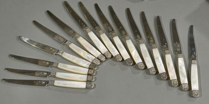 null Suite of fifteen fruit knives, the handles in mother-of-pearl, the ferrules...