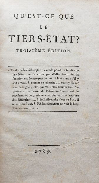 null SIEYES (Abbé). QU'EST-CE QUE LE TIERS-ETAT ?

(Paris), sans nom, 1789. In-8...
