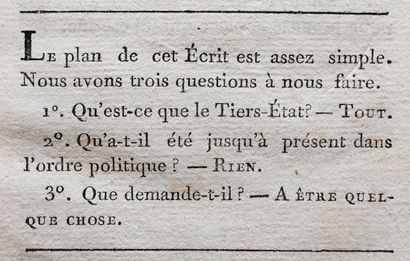 null SIEYES (Abbé). QU'EST-CE QUE LE TIERS-ETAT ?

(Paris), sans nom, 1789. In-8...