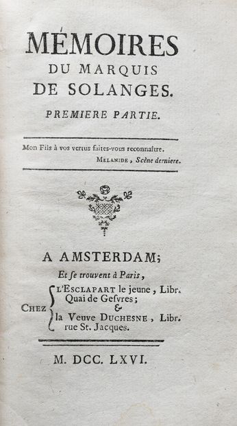 null SOLANGES (Marquis de). MEMOIRES DU MARQUIS DE SOLANGES.

Amsterdam et Paris,...