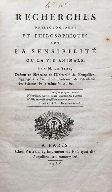 null SEZE (Victor de). RECHERCHES PHISIOLOGIQUES ET PHILOSOPHIQUES SUR LA SENSIBILITE...