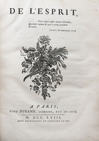 null HELVETIUS (Claude-Adrien). DE L'ESPRIT. 

Paris, Durand, 1758. Printed by Moreau,...