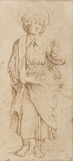 Ecole italienne du XVIIe siècle Figure de saint Come en pied 
Plume et encre brune,...