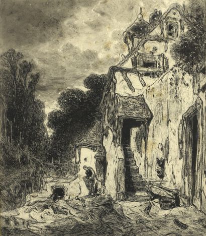 null Eugène DESHAYES (1828-1890/91)

Lavandière près d'une chaumière

Pierre noire,...