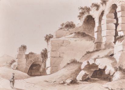null Ecole FRANCAISE du XIXe siècle

Paysage animé de ruines romantiques

Lavis d'encre...