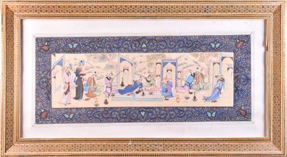 null Plaque d'ivoire peinte d'une scène de fête persane

XXe siècle

H. 12 cm - L....