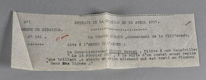 null FRANCE

Citation of an Ace of 14-18 on peel 

For Lieutenant Marcel HUGUES for...