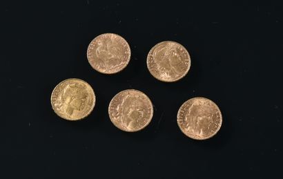 null FRANCE

Lot of five 20 francs gold coins, rooster, "Dieu protège la France"...