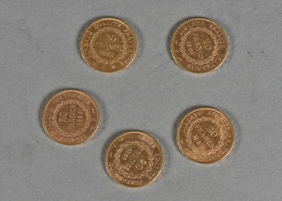 null FRANCE

Lot de cinq pièces de 20 francs or, Génie, Paris: 1878, 1887, 1896 x...