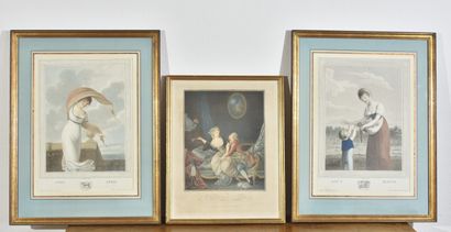 null Lot de trois gravures en couleurs encadrées composé de : Août et Avril, 1808...