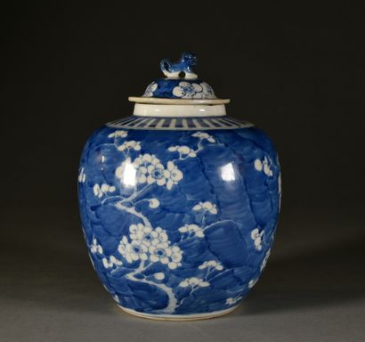 null CHINE - XXe siècle 

Pot à condiment couvert en porcelaine à décor bleu-blanc...
