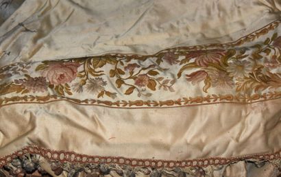 null ^ Lot of antique silk furnishing textiles and curtain brackets in embossed brass,...