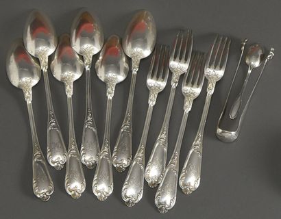 null A set of six silver table spoons and four forks in the rocaille style with NL...