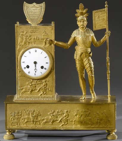 null Gilt bronze clock featuring the knight Bayard in armor holding a flag on which...