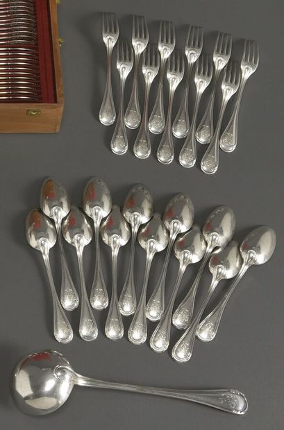 null Twelve silver table spoons and eleven table forks with a double fillet stapled...