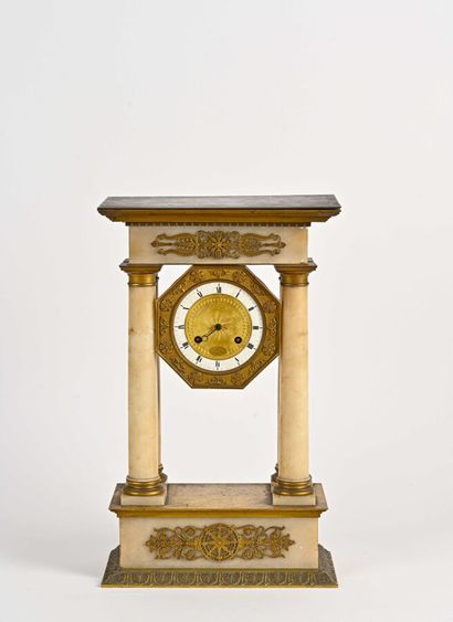 null Beautiful alabaster portico clock with four ringed columns, the annular dial...