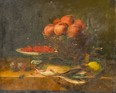 null Ecole Française du XIXe siècle

Nature morte aux fruits et aux carpes

Huile...
