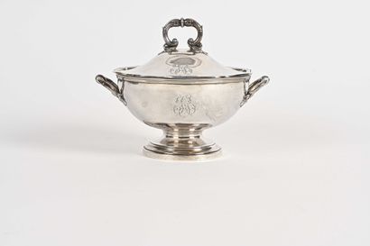 null Small round covered vegetable dish on a pedestal in plain silver with leafy...