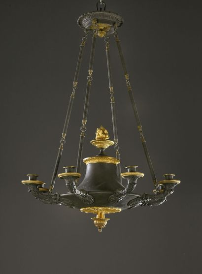 null A large eight-light suspension in the form of an antique lamp, in patinated...