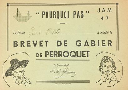 France Brevet de Gabier de perroquet pour le Jamboree de 1947 attribué à l’amiral...