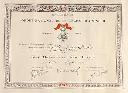 France Diplôme de Grand Officier de la Légion d’Honneur au vice Amiral Ortoli 

Imprimé...