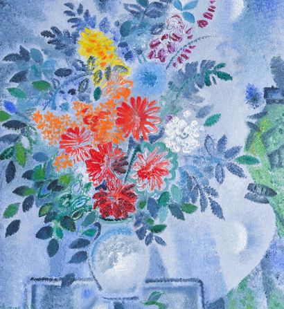 MAX, école Russe Bouquet de fleurs sur fond bleu 

Huile sur toile signée en bas...