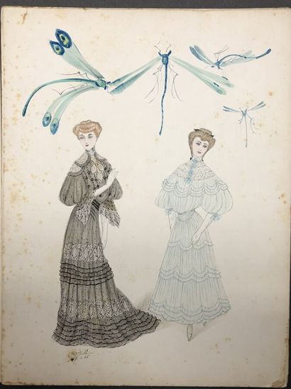 null Suite de vingt-trois croquis pour périodique de mode, datés 1904, dessins à...