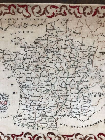 null Nouvelle Carte de France divisée en 86 départements, broderie, vers 1840, étamine...