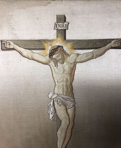 null Le Christ en croix, lampas, fin du XIXe siècle, lampas façonné soie polychrome...