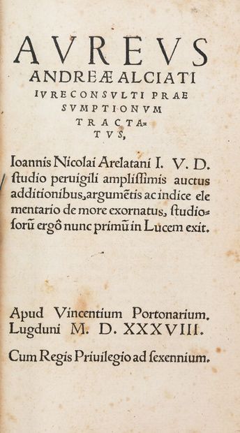 null ALCIAT (A). TRACTATUS PRAESUMPTIONUM.

Lyon, Vincent I de Portonaris, 1538.

In-8...