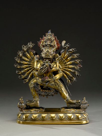 null TIBET - XVIIIe siècle

Yamantaka bronze ciselé, doré et partiiellement laqué,...