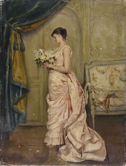 null Attribué à Auguste TOULEMOUCHE (1829-1890)

Élégante au bouquet

Huile sur panneau,...