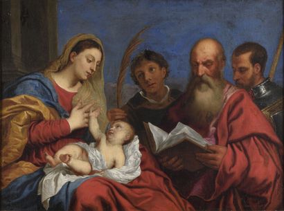 null École FLAMANDE du 17ème d'après Titien

Vierge à l'enfant avec saint Étienne,...