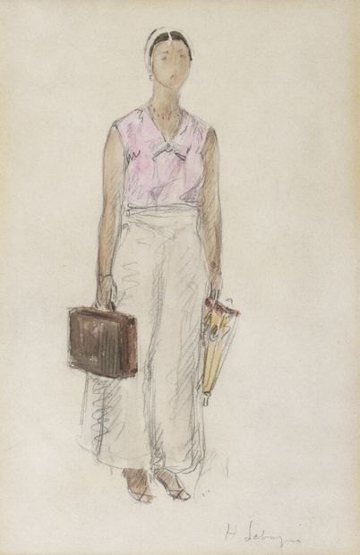 null Henri LEBASQUE (1865-1937) 

Femme à la valise 

Mine graphite et aquarelle,...