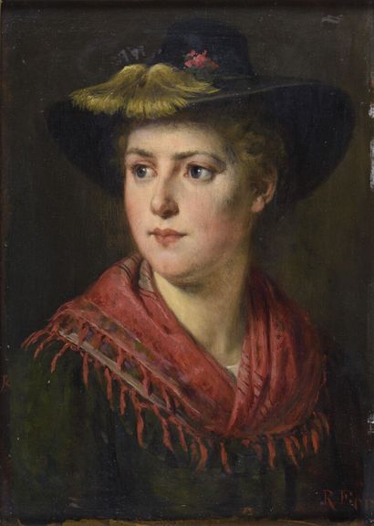 null Rudolf EPP (1834-1910) 

Portrait de femme au foulard rouge 

Huile sur panneau,...