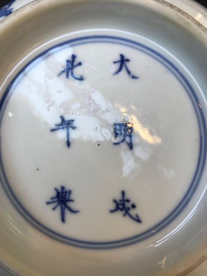 CHINE - Fin du XVIIIème siècle Coupe en porcelaine blanc-bleu, à décor de scènes...